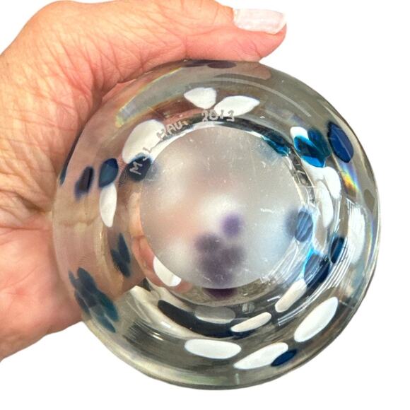 Hand Blown Glass Bowl Blue White Dots Signed Dated 3” Tall - Picture 3 of 8